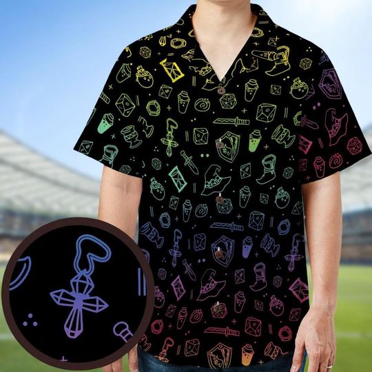 Discover Dungeons N Dragons Hawaiian Shirt, DnD Dice Button Shirt, Fantasy Icons Button Down Shirt, Gamer Vacation Shirt, Gift for Geeks
