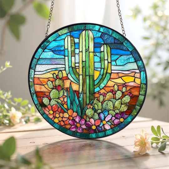 Cactus Stained Glass Suncatcher Window Hanging Decor Indoor Outdoor Art