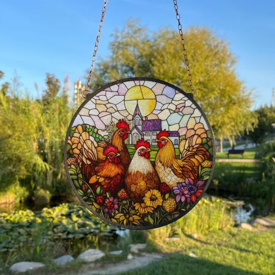 Discover Backyard Chickens Stained Glass Suncatcher, Farmhouse Window Hanging Decor