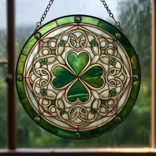 Patrick's Day Stained Glass Suncatcher Window Hanging Decor Shamrock