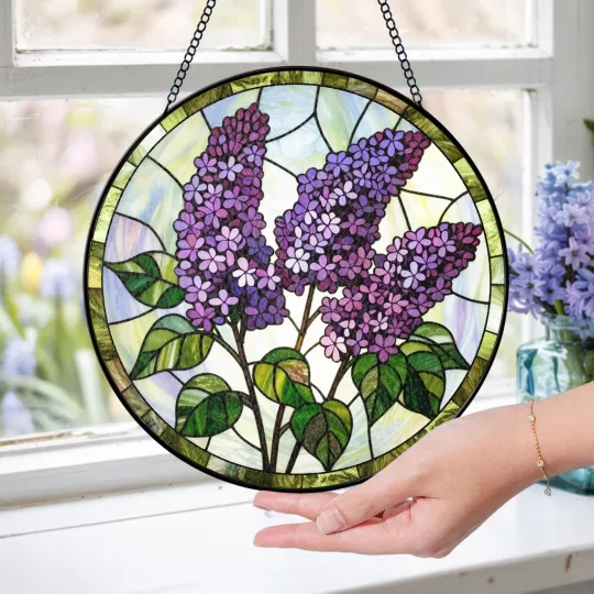 Discover Purple Lilac Stained Glass Suncatcher: Floral Window Hanging Decor