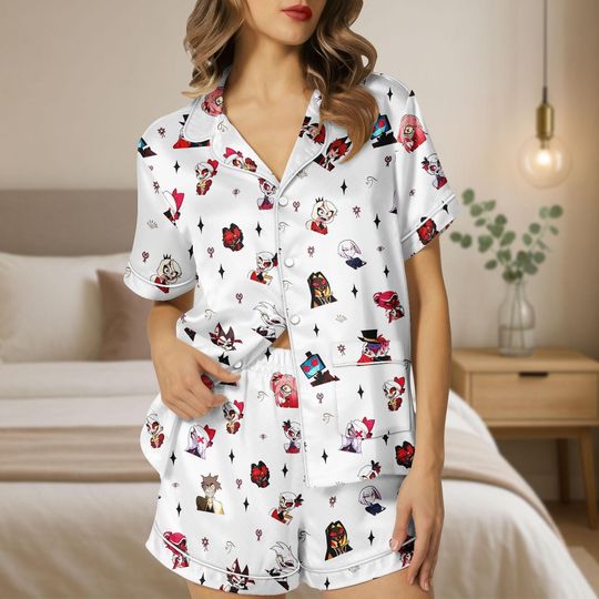 Discover Hazbin Hotel Short Satin Pajamas, Cartoon Pajama Set, Fun Sleepwear, Anime Satin Pajamas, Christmas Gift