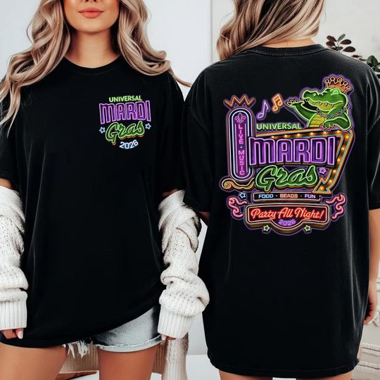 Disney Universal Studios Mardi Gras 2026 Neon T-Shirt, Disneyland Trip Family Shirt, New Orleans Fat Tuesday Let The Shenanigans Begin Shirt