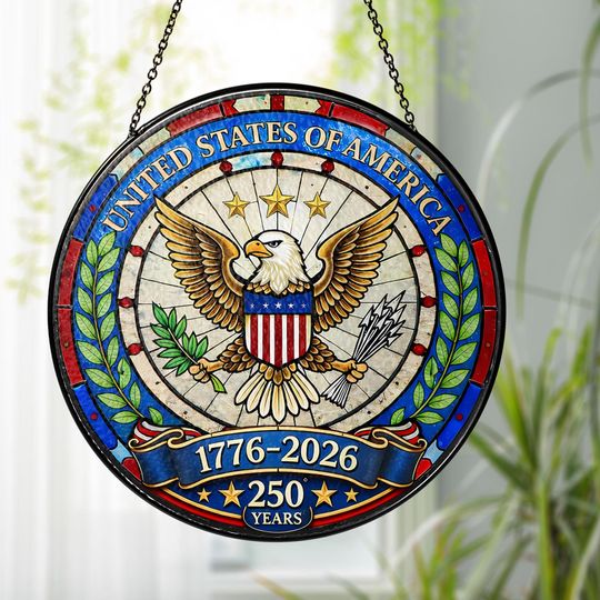 United States 250 Years of Freedom Stained Glass Suncatcher Patriotic Bald Eagle Window Hanger