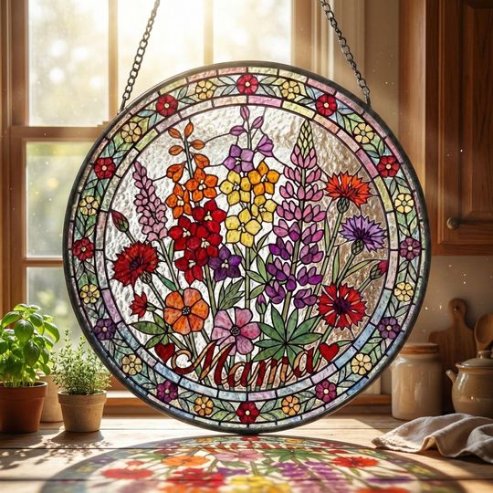 Personalized Mama Garden Suncatcher with Birth Flower Stained Glass Window Hanging for Mothers Day