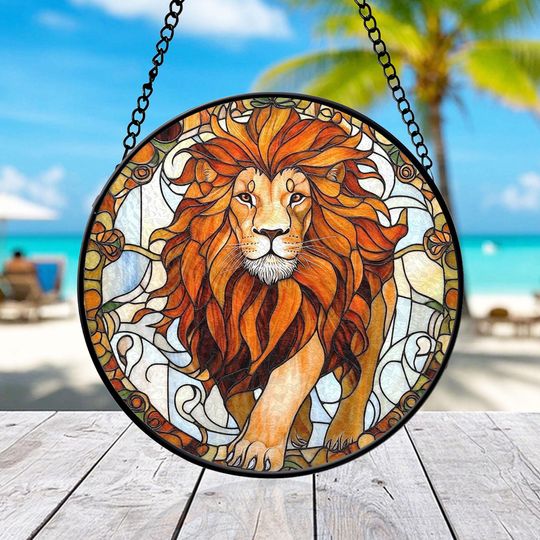 Discover Majestic Lion Stained Glass Suncatcher Circular Mosaic Window Art Wildlife Decor