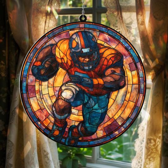 American Football Player Stained Glass Suncatcher, Sports Action Window Art, Football Fan Room Decor, Personalized Athlete Gift