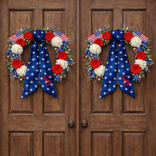 Personalized Patriotic Wreath Sash, Custom Initial Name 4th July Door Decor