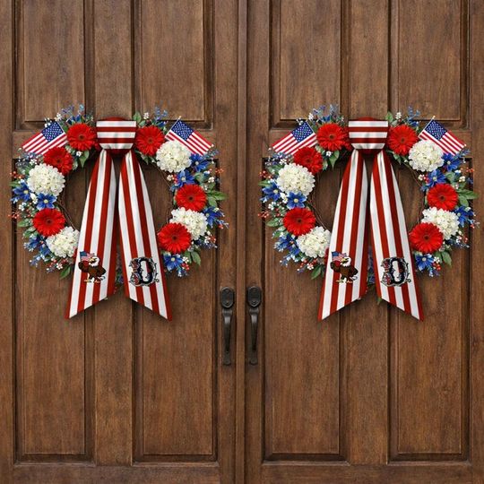 Patriotic Wreath Sash, 4th of July Door Wreath Bow, Personalized Initial Wreath Ribbon, American Flag Front Door Decor, Memorial Day Decor