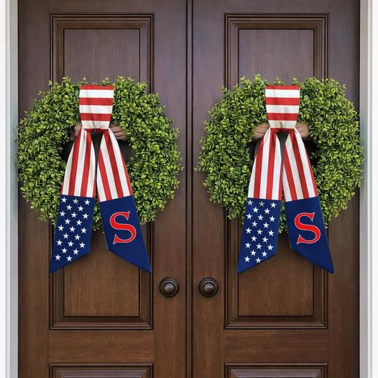 Discover Personalized Patriotic Wreath Sash, Custom Family Initial Name 4th July Door Decor, American Flag Ribbon