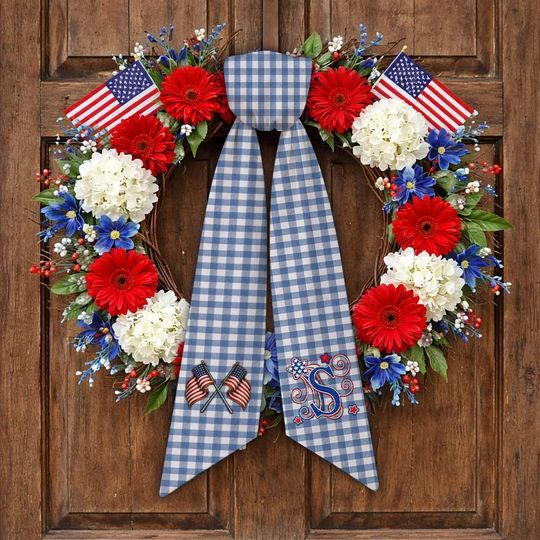 Personalized 4th July Wreath Sash  Custom Family Name Embroidered Initial Bow, Independence Day Front Door Decor, American Flag Ribbon Sash