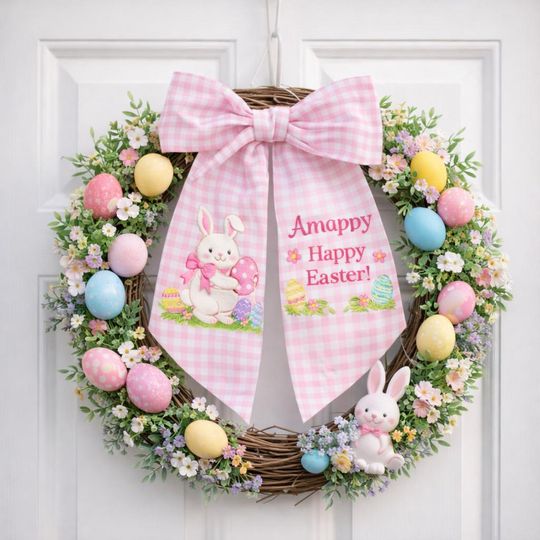 Personalized Bow for Happy Easter Day, Custom Baby Girl Name Bunny Wreath Sash, Spring Front Door Decor, Fist Easter Gift