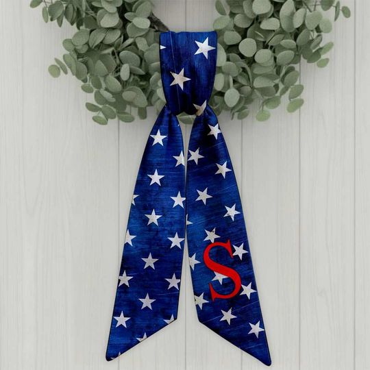 Personalized Initial Bow for Independence Day, Custom Name Patriotic Wreath Sash, 4th of July Front Door Decor, American Flag Ribbon Sash