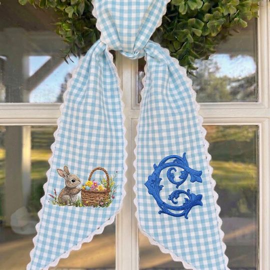 Easter Bunny Toile Wreath Sash, Personalized Embroidered Door Hanger with Custom Initial