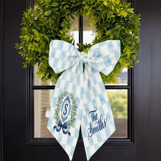 Personalized Monogram Wreath Sash: Custom Family Name Door Bow, Blue Check Chinoiserie Decor