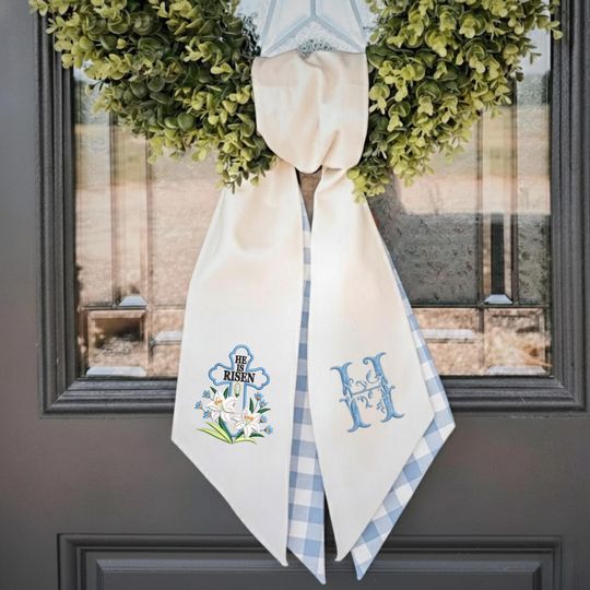 Discover Custom He Is Risen With Cross Flowers Embroidered Wreath Sash, Personalised Monogram Initials Easter Home Decor, Linen Sash For Spring