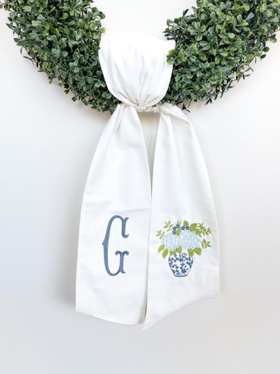 Personalized Embroidered Wreath Sash, Hydrangea Ginger Jar, Spring Decor