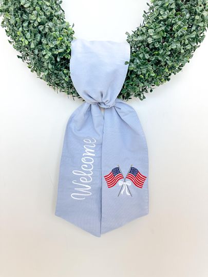 Embroidered Welcome Wreath Sash, American Flag, USA Decor