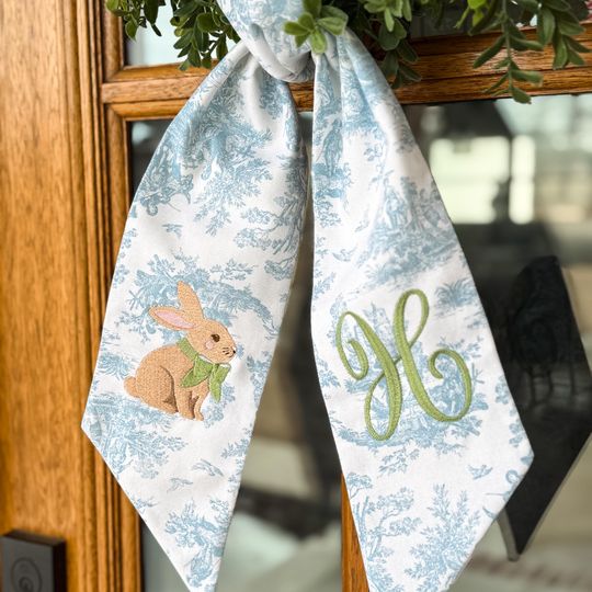 Personalized Easter Bunny Wreath Sash, Spring Toile Front Door Bow, Embroidered Holiday Decor