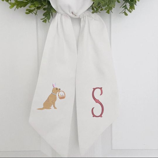 Embroidered Easter Wreath Sash | Personalized Initial, Dog with Basket, Single Initial
