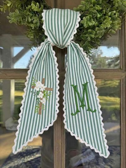 Green Striped Cross Wreath Sash  Personalized Faith & Spring Decor, Monogrammed Easter Wreath Sash