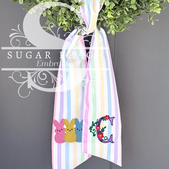 Personalized Easter Wreath Sash | Embroidered Marshmallow Bunny | Monogram | Rainbow Pastel Stripe | Spring Door Wreath Ribbon | Easter Sash