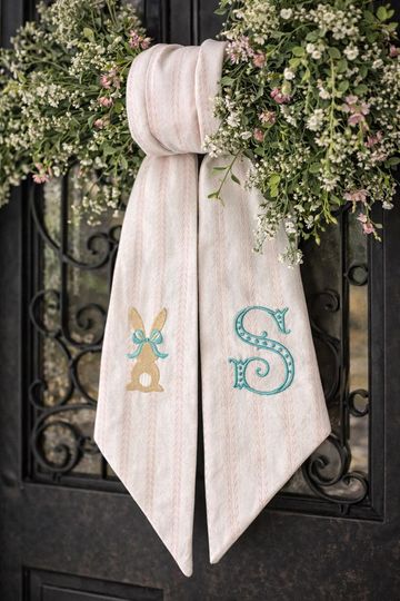 Discover Personalized Easter Wreath Sash, Embroidered Spring Door Decor, Farmhouse Cottagecore Front Door Wreath Sash