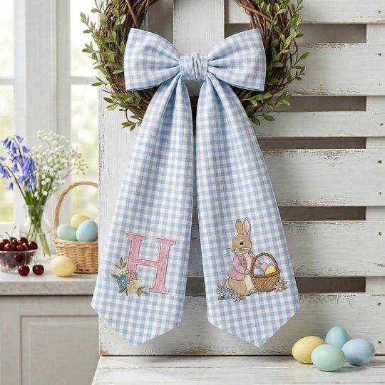 Embroidered Cross Easter Wreath Sash, Personalized Monogram Basket Bow, Christian Floral Cross Ribbon, Blue Pink White Gingham Sash