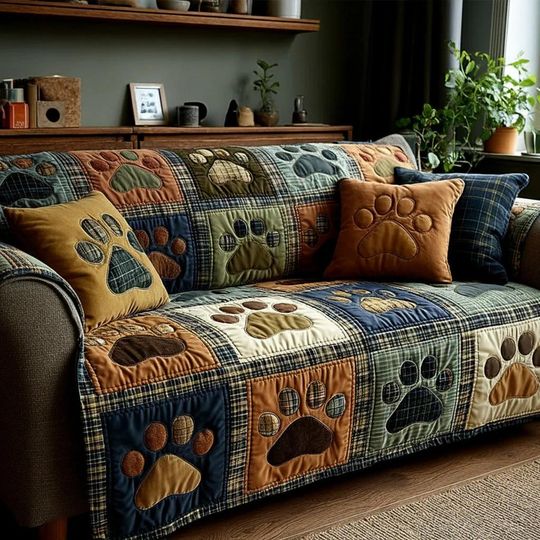 Paw Print Patchwork Sofa Cover for Dog Lovers, Quilted Couch Throw, Pet-Friendly Living Room Decor