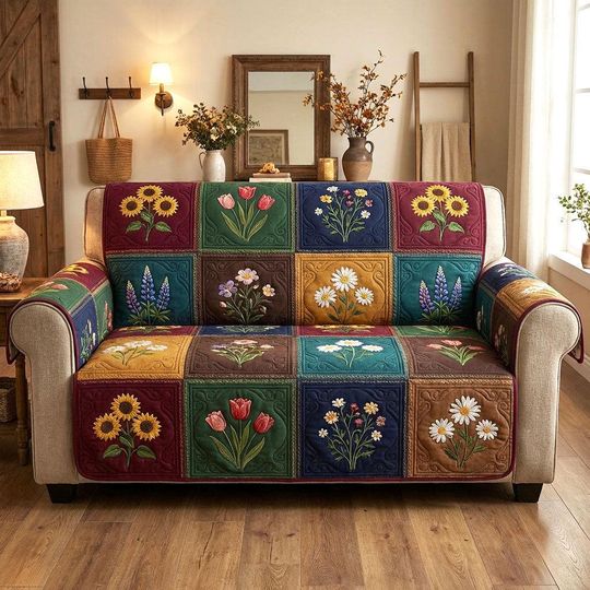Heritage Floral Patchwork Quilted Sofa Cover for Farmhouse Living Room Decor