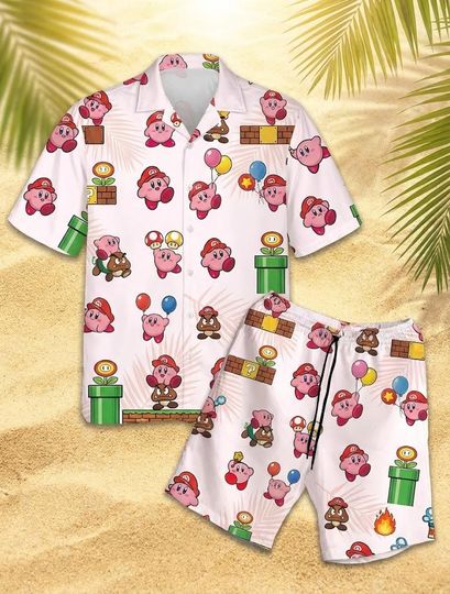 Kawaii Kirby Hawaiian Shirt and Shorts, Vintage Mario Game Summer Set, Cartoon Shirt, Summer Vacation Outfit, Girly Gift For Her