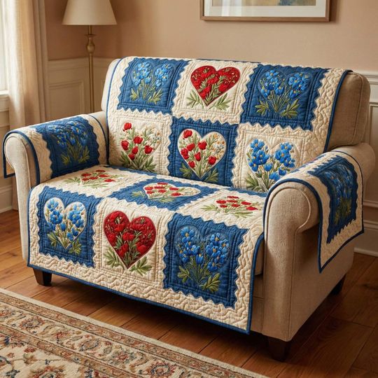 Floral Heart Quilted Sofa Cover, Blue and Red Patchwork Couch Throw, Vintage Farmhouse Decor