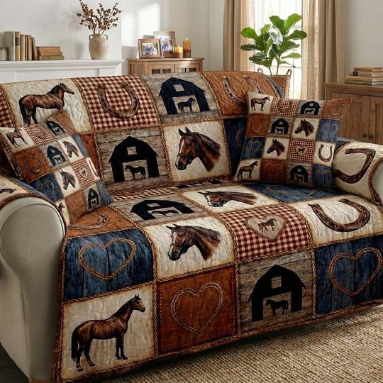 Rustic Horse Quilted Sofa Cover, Western Ranch Couch Protector, Farmhouse Country Horse Decor