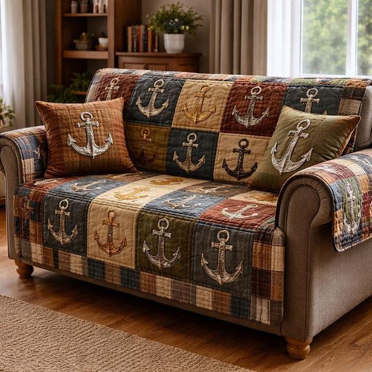 Nautical Anchor Quilted Sofa Cover, Coastal Patchwork Couch Protector, Washable Beach House Furniture Cover