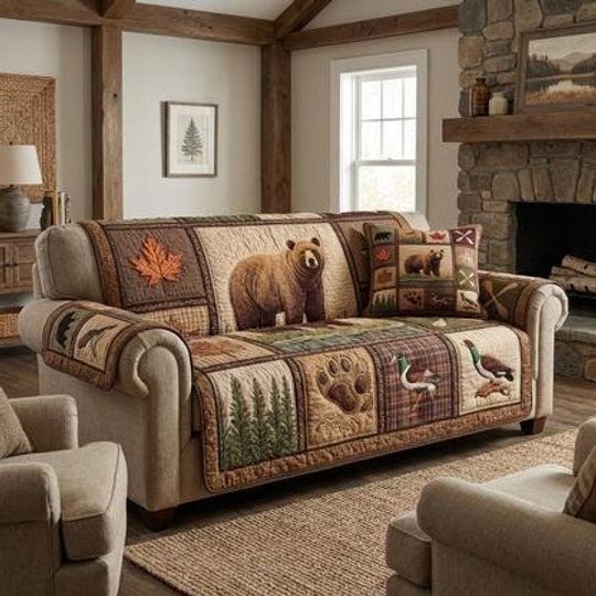 Rustic Bear Quilted Sofa Cover, Cabin Lodge Couch Protector, Woodland Wildlife Sofa Throw
