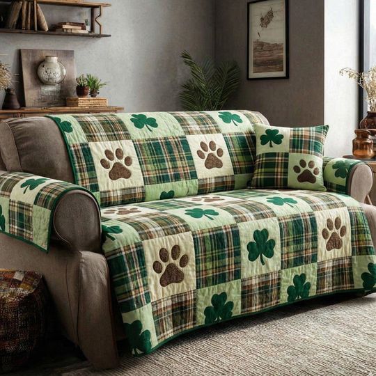 St Patrick Patchwork Quilted Sofa Cover with Shamrock & Paw Print, Green Farmhouse Decor