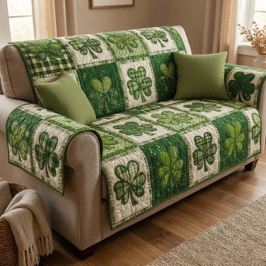 St Patrick's Day Shamrock Quilt Sofa Cover, Green Clover Couch Protector, Irish Luck Home Decor