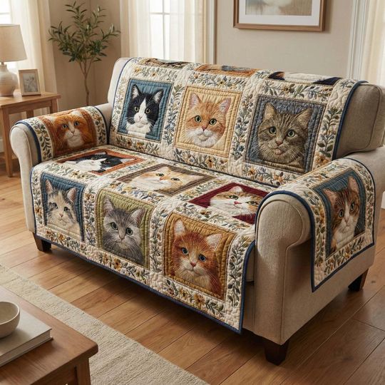 Cat Patchwork Quilted Sofa Cover for Living Room Decor