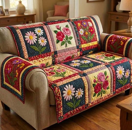 Colorful Floral Patchwork Quilted Sofa Cover for Living Room Decor