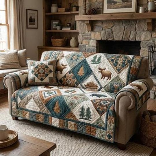 Rustic Moose Quilted Sofa Cover, Cabin Lodge Couch Protector