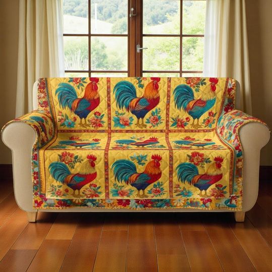 Farmhouse Chicken Quilted Sofa Cover, Chicken Living Room Decor, Farmhouse Living Room Decor