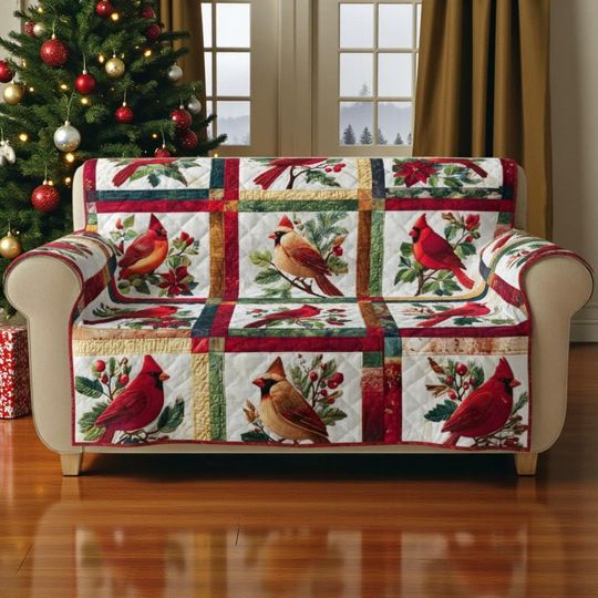 Red Cardinal Christmas Quilted Sofa Cover for Winter Living Room Decor