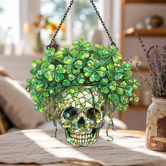 St. Patrick’s Day Shamrock Skull Acrylic Window Suncatcher