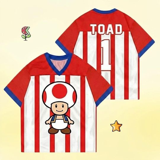 Discover Toad Murshroom Football Print Jersey, Custom Mario Kingdom, Mario Jersey Shirt, Vintage Super Mario Game Tee, Kawaii Soccer Gift For Him