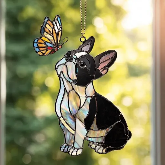 Discover Boston Terrier & Butterfly Suncatcher Window Hanging Decor
