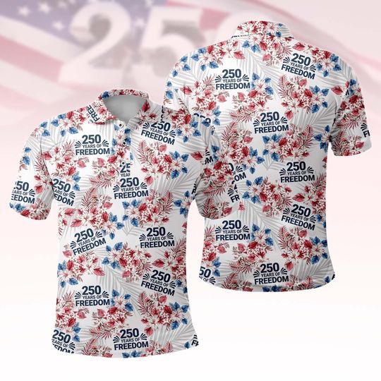 Floral 250 Years of Freedom Polo Shirt, Patriotic Hawaiian Style Polo Shirt, 4th of July 1776 2026 Shirt for Men, USA Patriotic Shirt