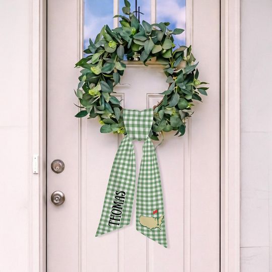Personalized Door Wreath Sash: Green Gingham Front Door Decor, Golf Flag USA Map Ribbon