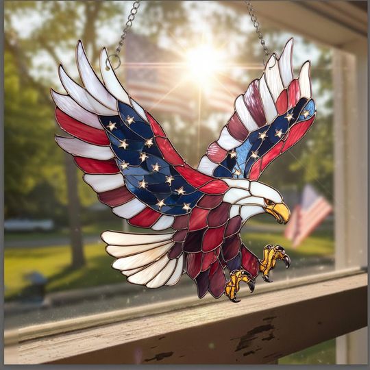 Discover USA 250th Anniversary Stained Glass Suncatcher, Patriotic Eagle Window Hanging, 17762026 America Decor, Freedom Gift