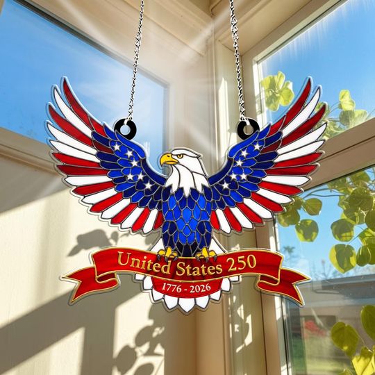 Discover United States 250th Anniversary Stained Glass Suncatcher, Patriotic Eagle Window Hanging, USA Independence Decor