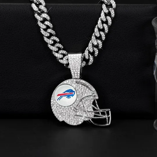 Buffalo Bills Iced Out Helmet Pendant Cuban Link Chain Necklace